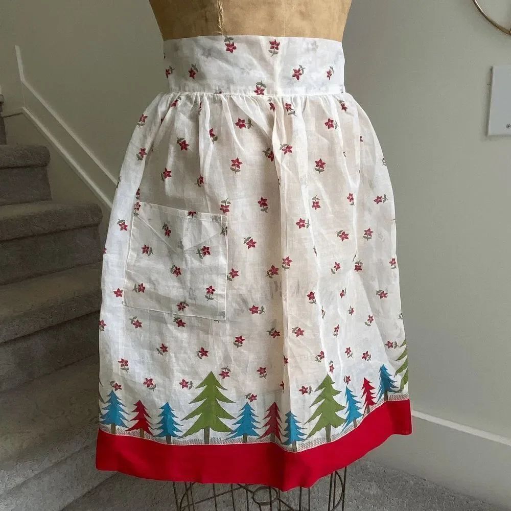 Vintage 50s Mod Christmas Trees Sheer Organza Apron, Border Print, Half Hostess